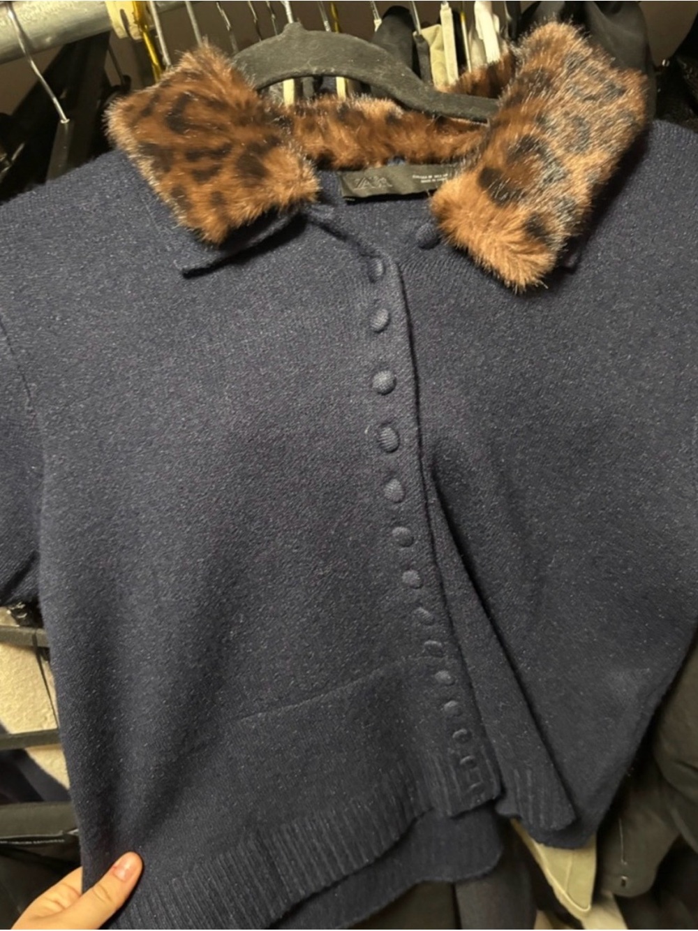 Zara Navy Short-Sleeve Knit Cardigan with Faux Leopard Fur Collar